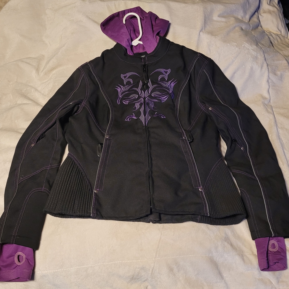 Women's "Reflective Tribal" Purple And Black 3/4 Length Textile Jacket.